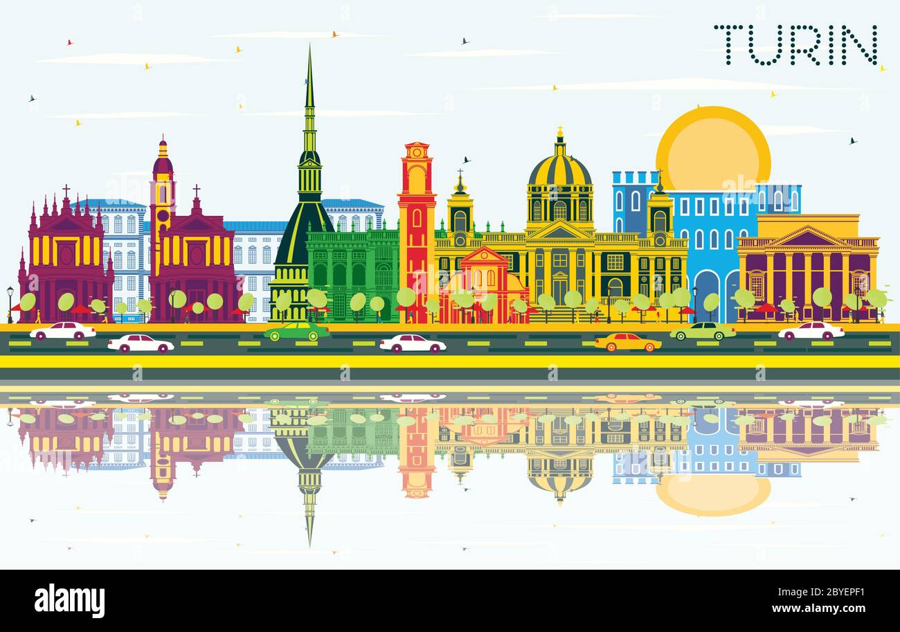 Turin Italy City Skyline with Color Buildings, Blue Sky and Reflections. Vector Illustration. Stock Vector