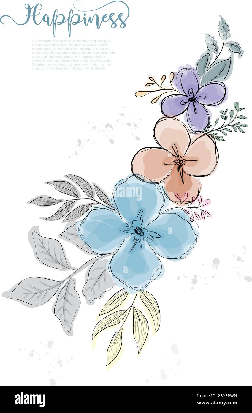 Hand drawn cute flowers blossom with black line and watercolor ...