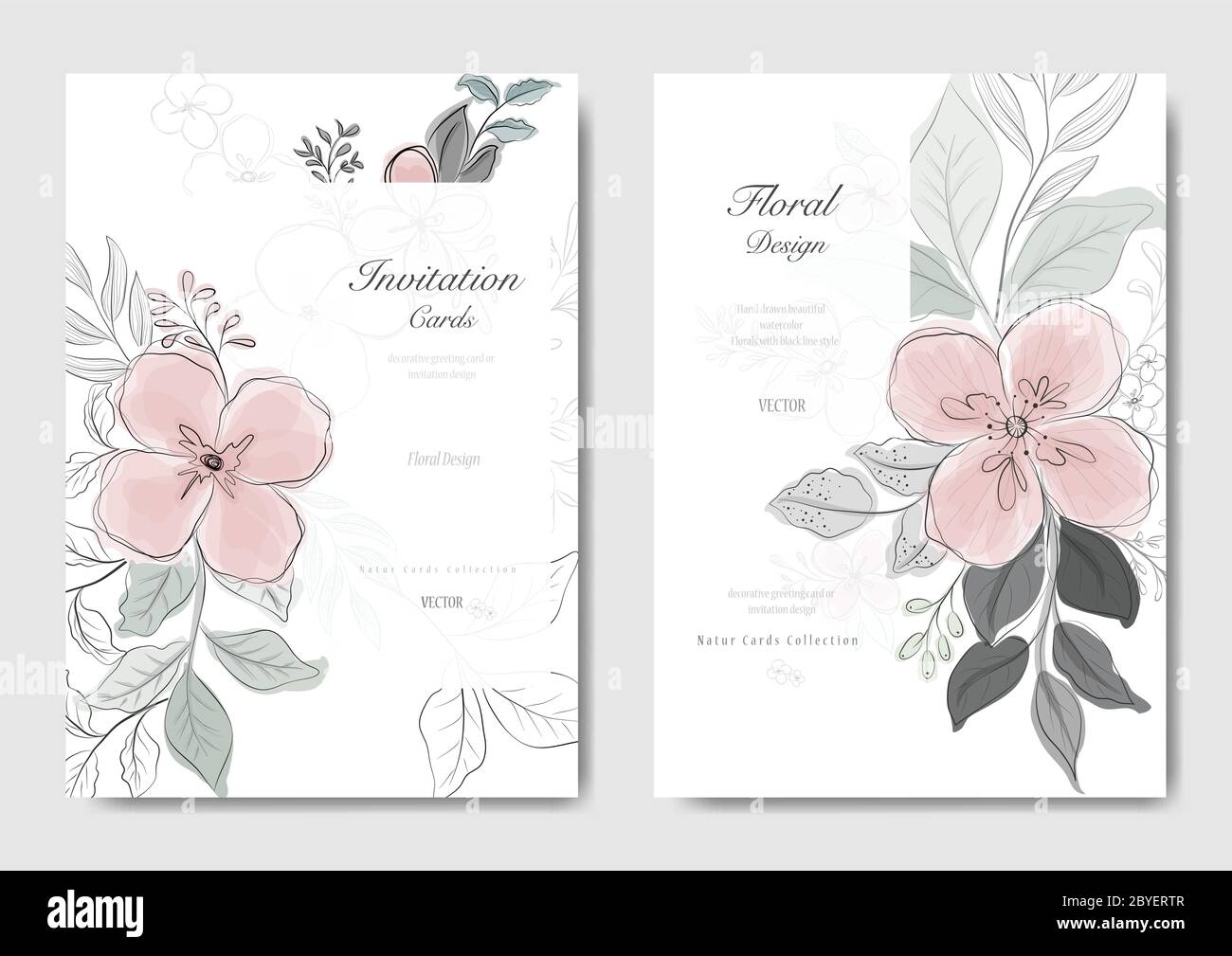 Pink flower card collection. Decorative floral greeting card, wedding or invitation design background. - Vector Stock Vector