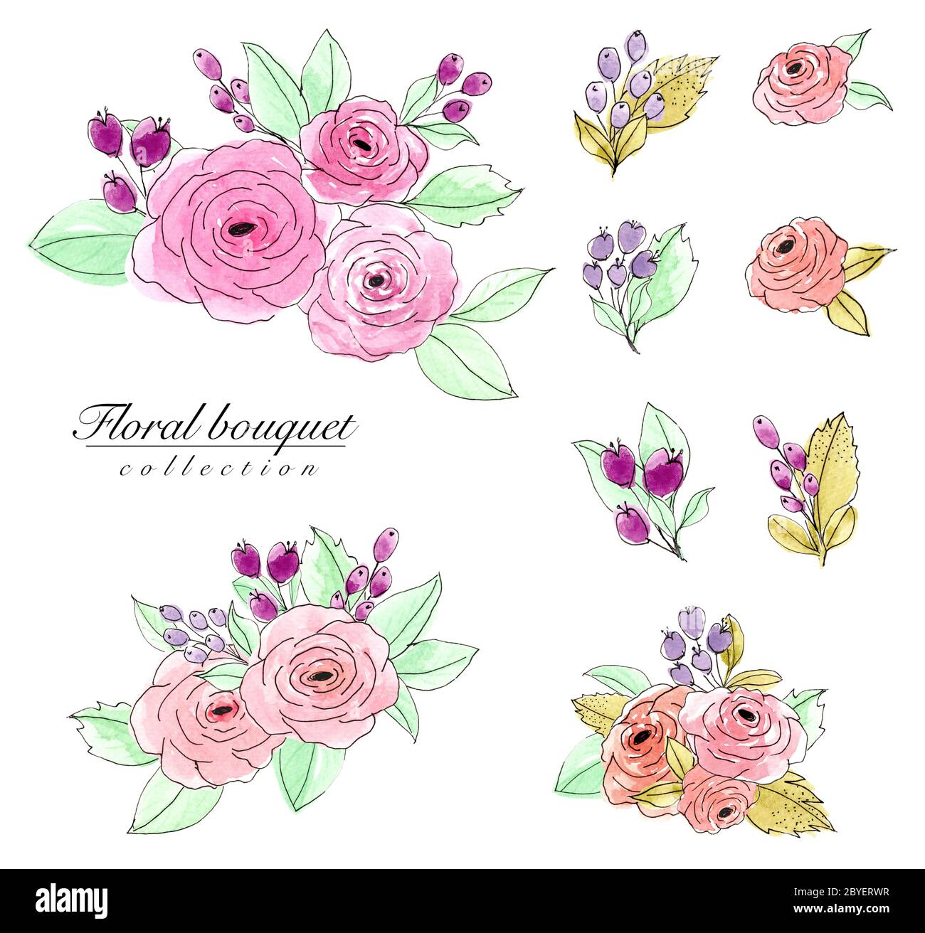 Set of flower bouquet watercolor design elements hand painted cute ...