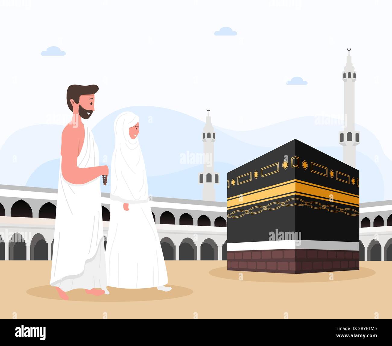 Kaaba vector for hajj mabroor in Mecca Saudi Arabia. Pilgrimage steps from beginning to end Arafat Mountain for Eid Adha Mubarak. Islamic background Stock Vector