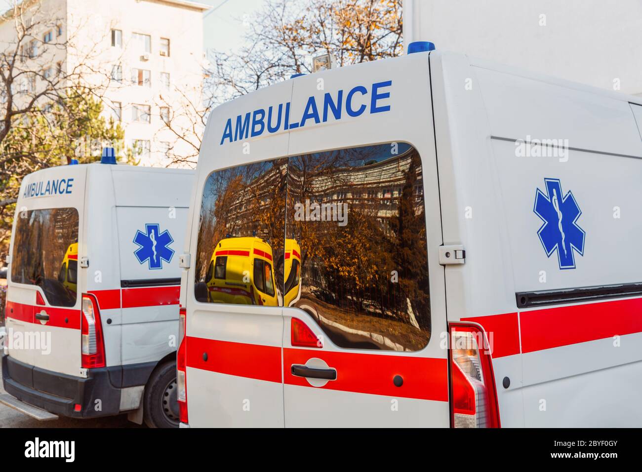 Zaporozhye/Ukraine- November 08 2019 : Modern ambulance. Rear view of a paramedic car. Stock Photo