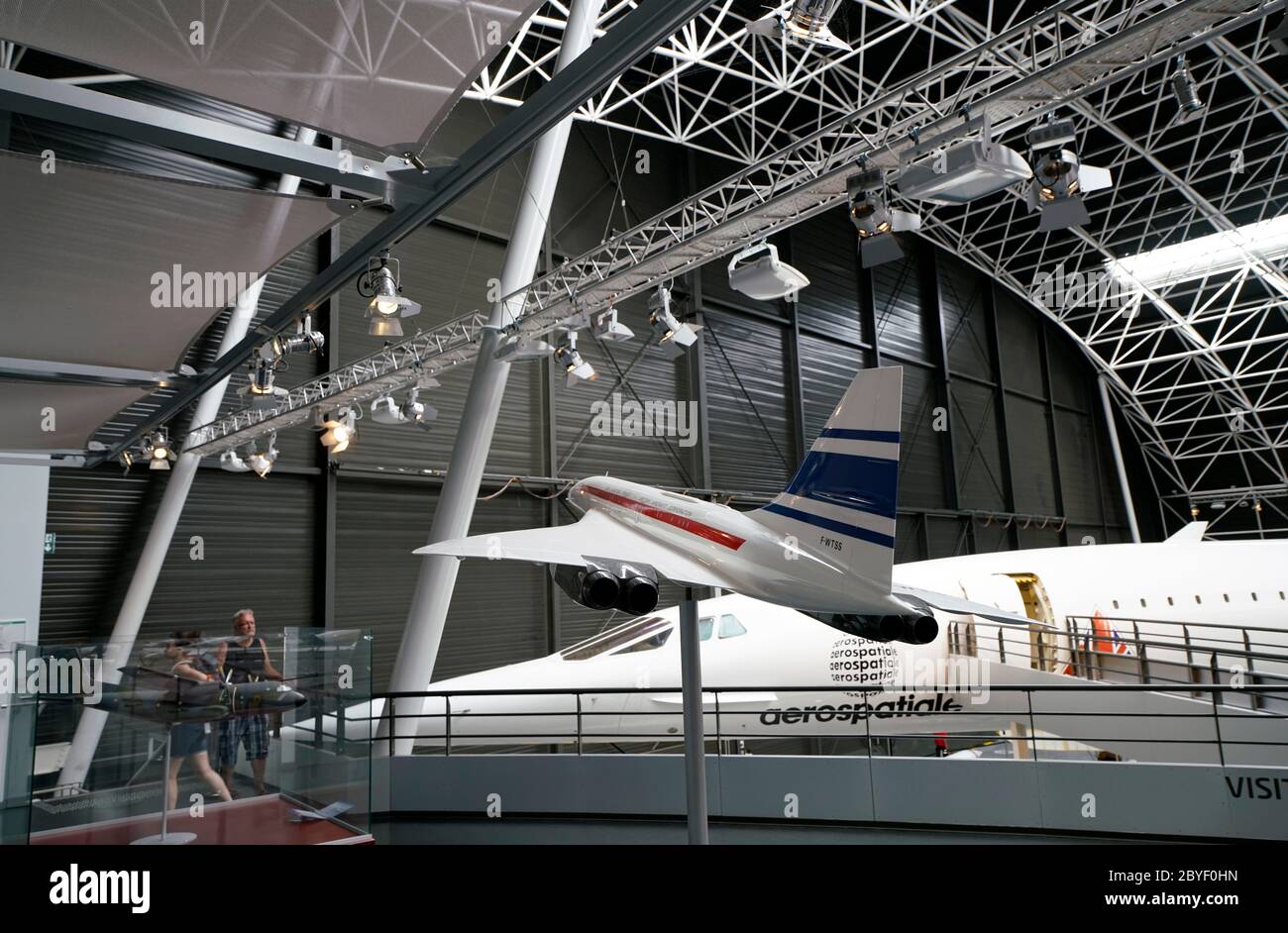 An Aerospatiale/BAC Concorde 100 with model display in Musee Aeroscopia Museum.Blagnac.Toulouse.Haute-Garonne.Occitanie.France Stock Photo