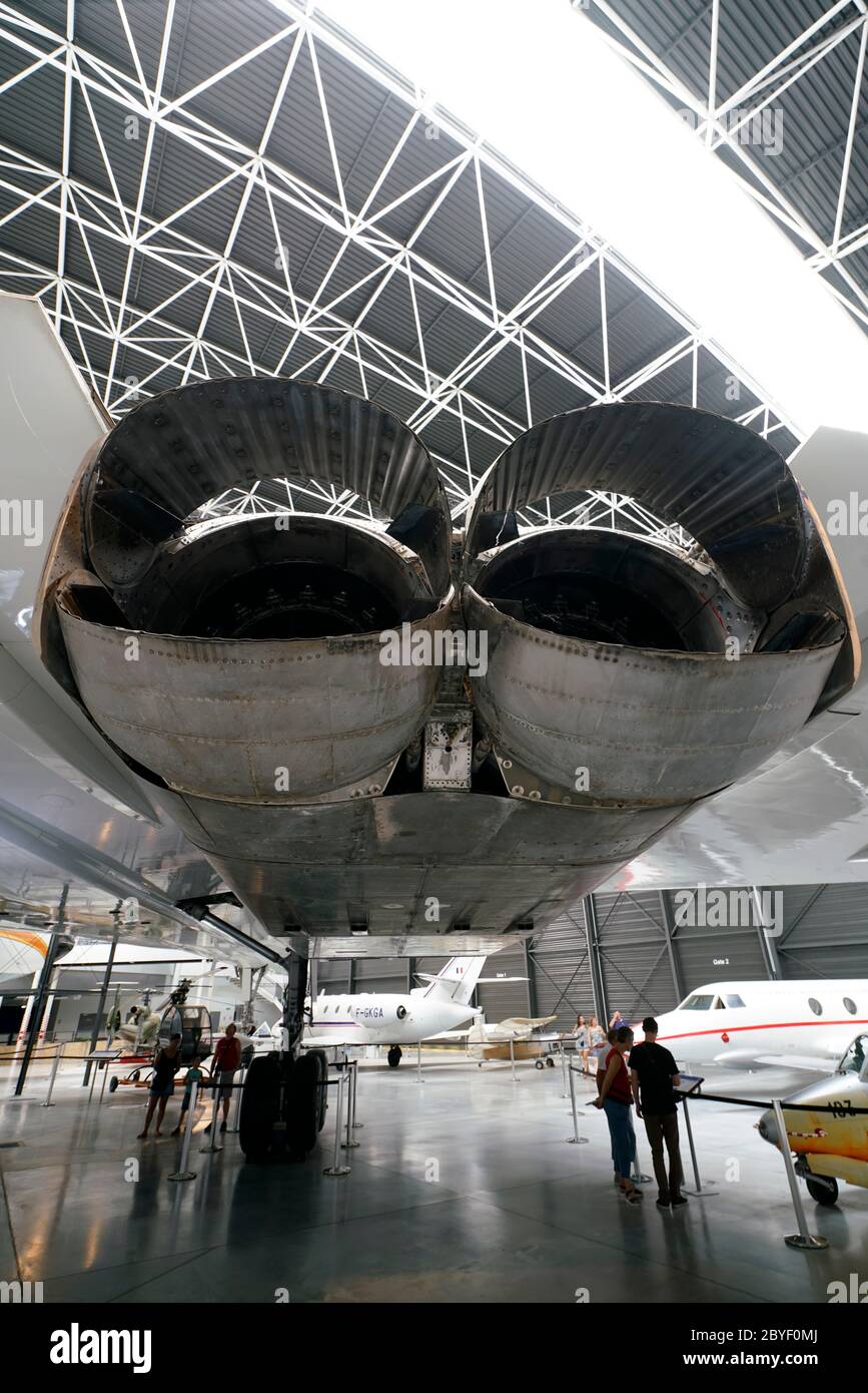 Tilting cups on Rolls Royce-Snecma Olympus 593 engines nozzles on a Concorde 100. Musee Aeroscopia Museum. Toulouse. Haute-Garonne. Occitanie.France Stock Photo