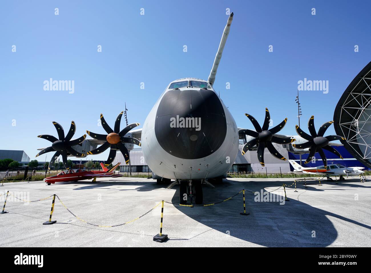 Airbus A400M Atlas four engines turboprop military transport aircraft display in Musee Aeroscopia.Toulouse.Haute-Garonne.Occitanie.France Stock Photo
