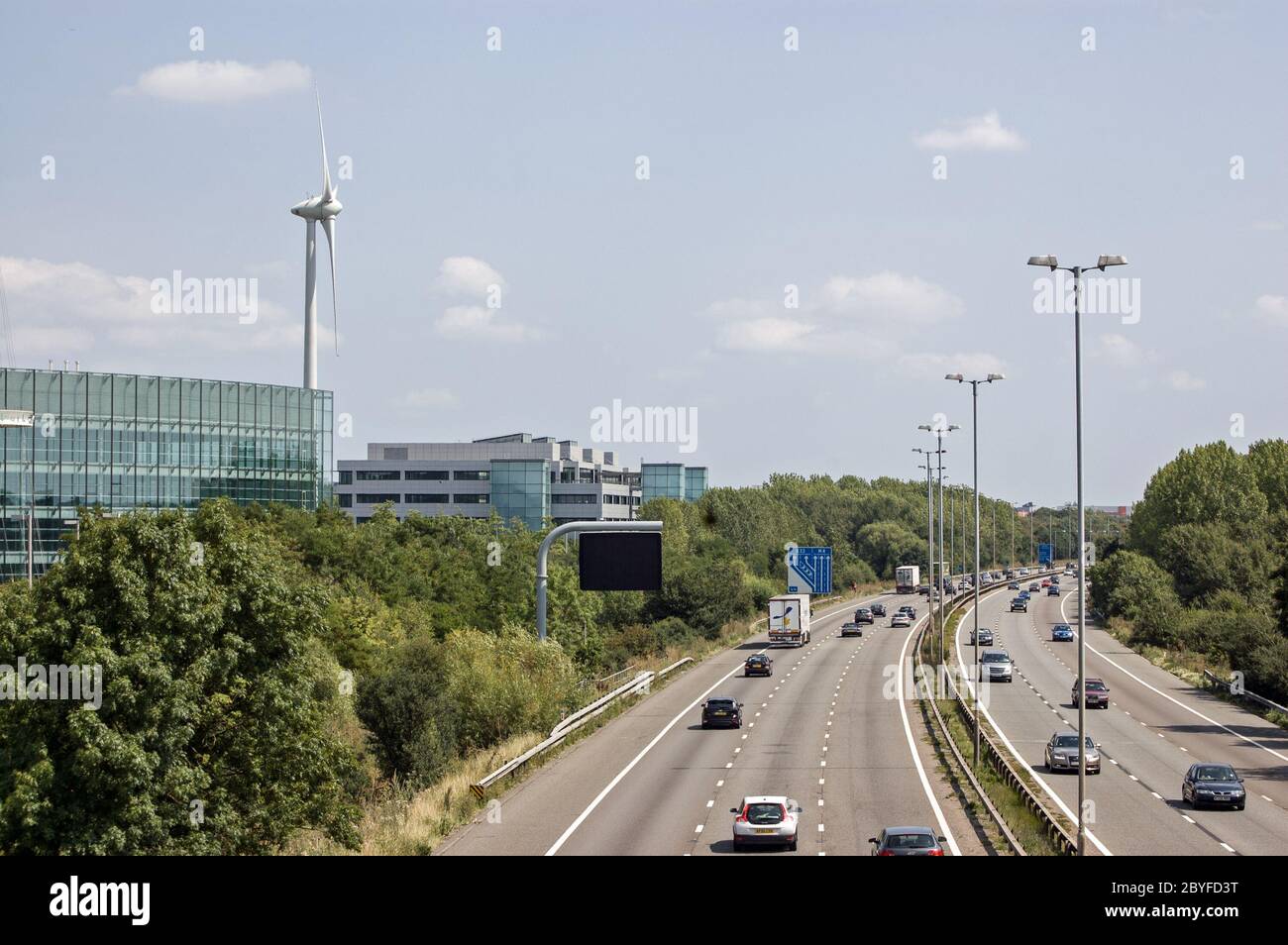 Reading, UK - July 31, 2011:  View from above of the M4 Motorway passing Reading, Berkshire. Stock Photo