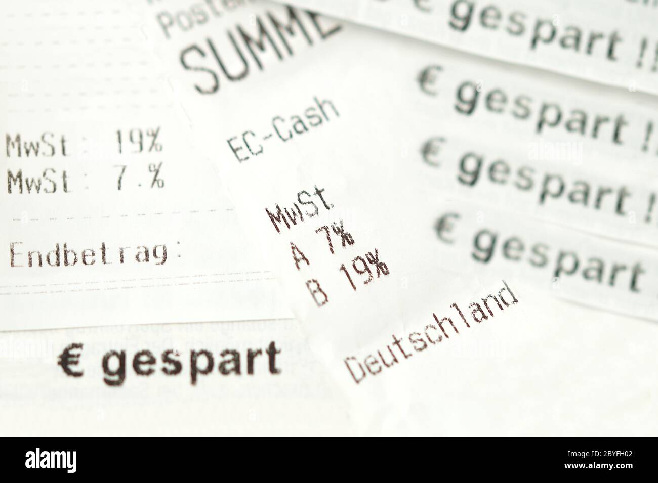 german cash sales receipt. Invoice with vat tax value. VAT rate from 19 percent to 16% and from 7 percent to 5%. financial / invoice - deutschland Stock Photo