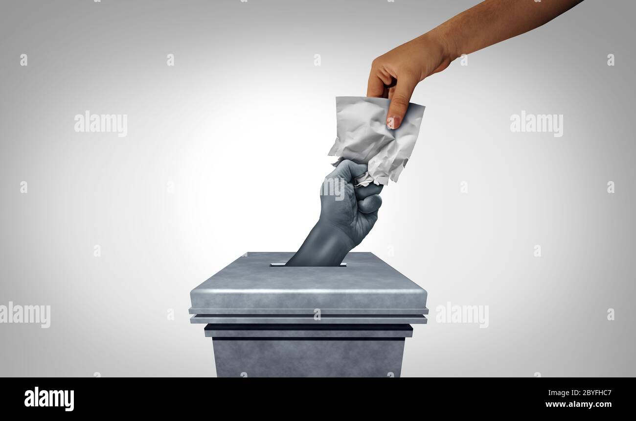 Voting suppression destruction of votes and electoral fraud or election crime or vote tampering and rigging as a hand crushing a ballot paper. Stock Photo