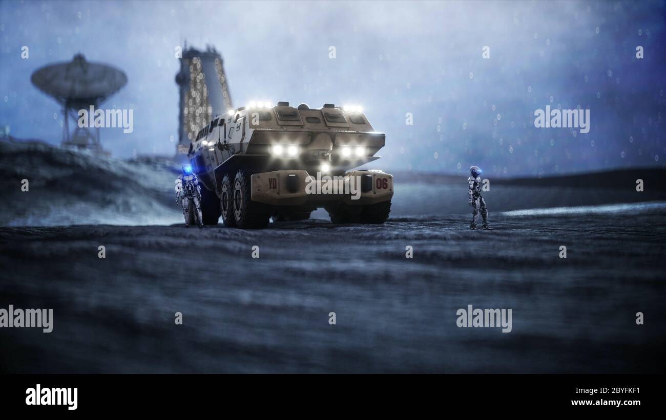 Military car on moon with robots. Moon colony. Earth backround. 3d ...