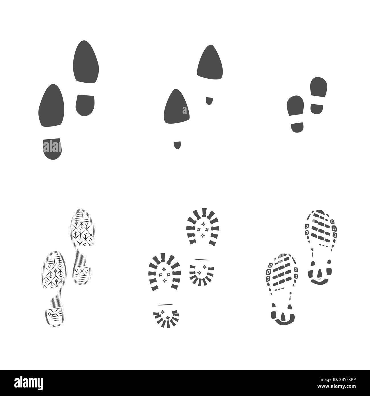 Footprint icon. Vector family shoe step print set: female, male, mom, dad, kid. high heels, sports running shoes, skating footwear, classic shoes Stock Vector