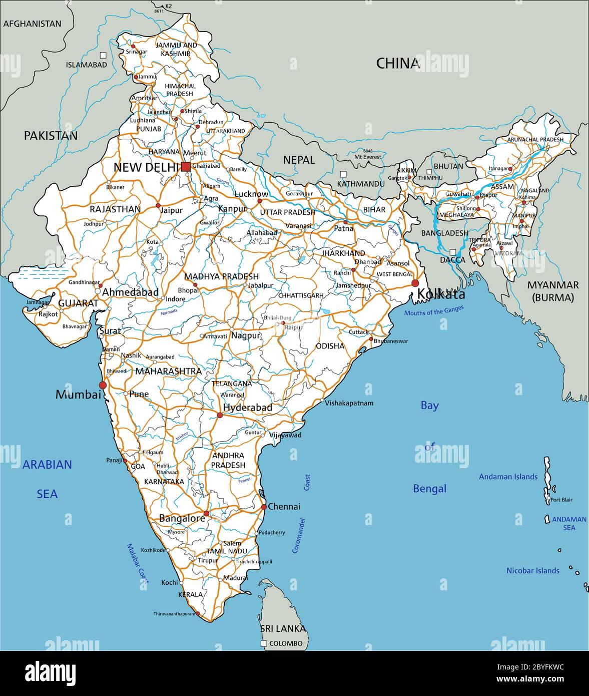 India Full Road Map High Detailed India Road Map With Labeling Stock Vector Image & Art - Alamy
