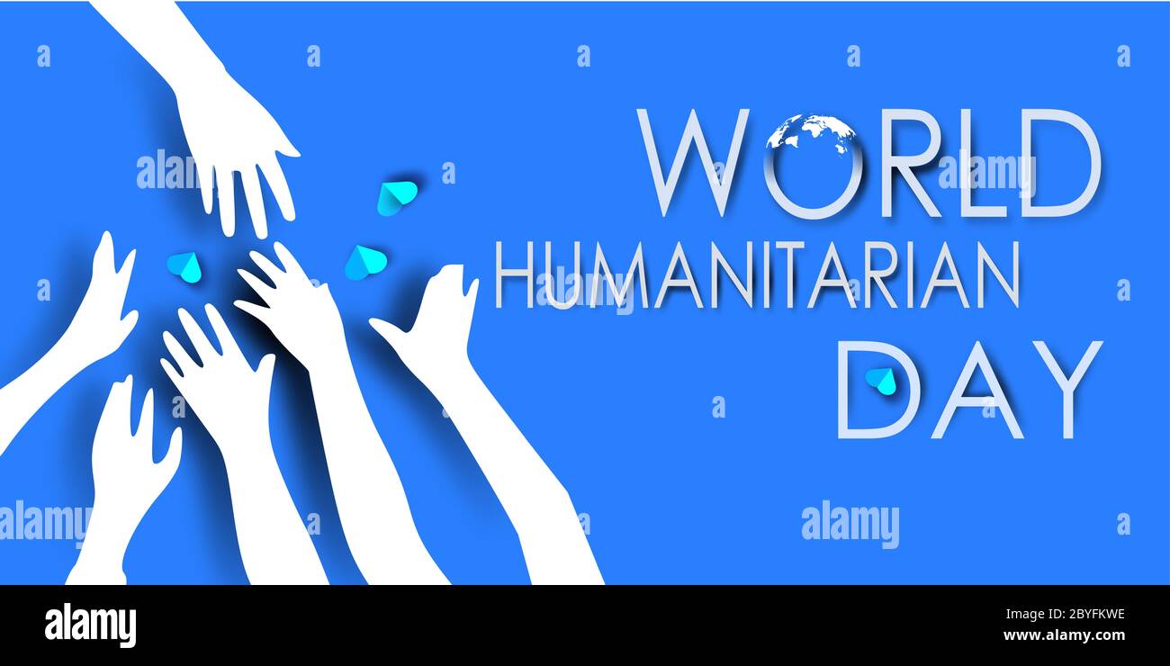 Illustration depicting hands seeking love & spreading love against blue background. Landing page concept for World humanitarian day. Stock Photo