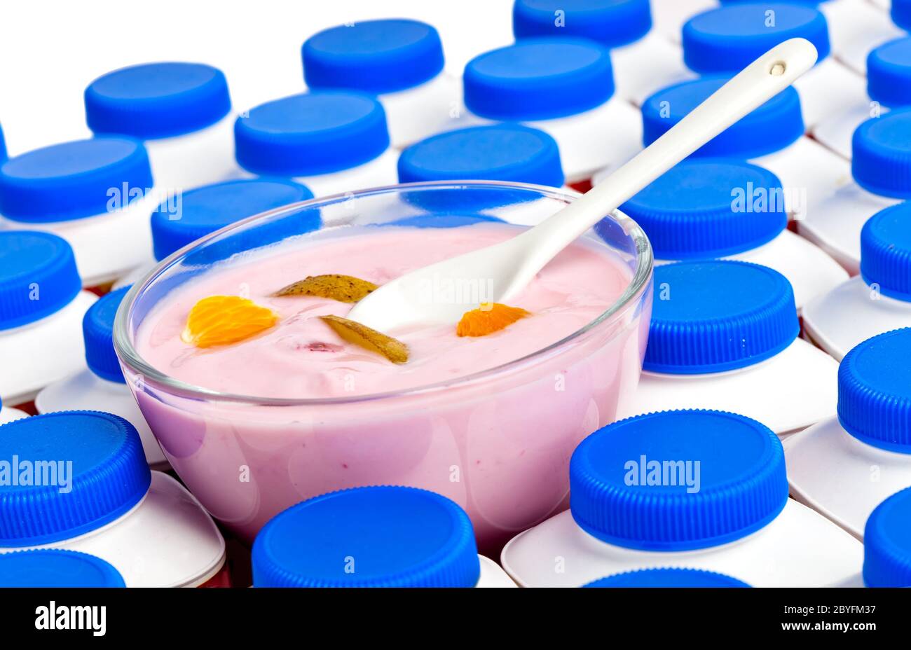 Numbers of yogurt bottles with dark blue covers An Stock Photo Alamy