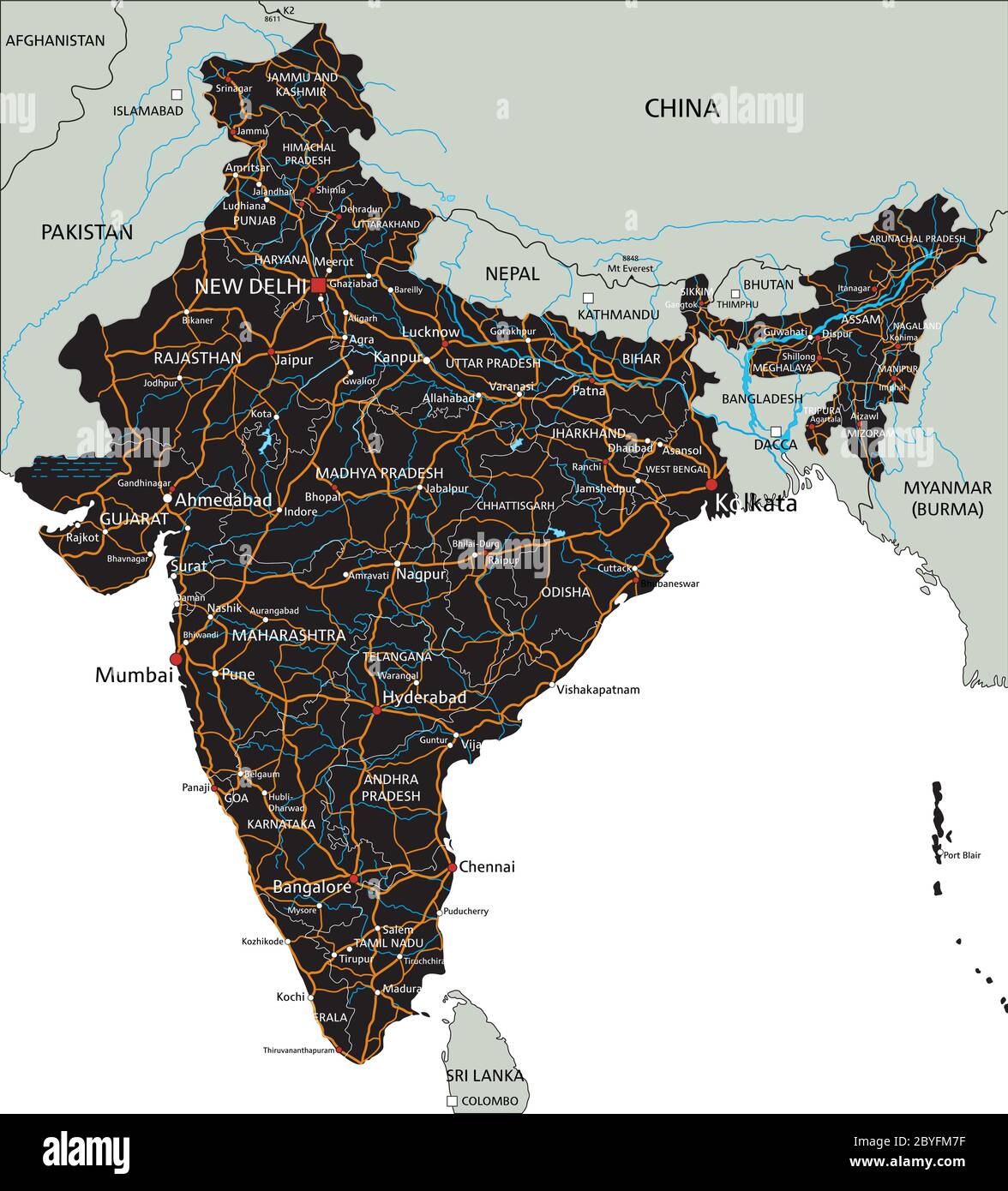India Full Road Map High Detailed India Road Map With Labeling Stock Vector Image & Art - Alamy