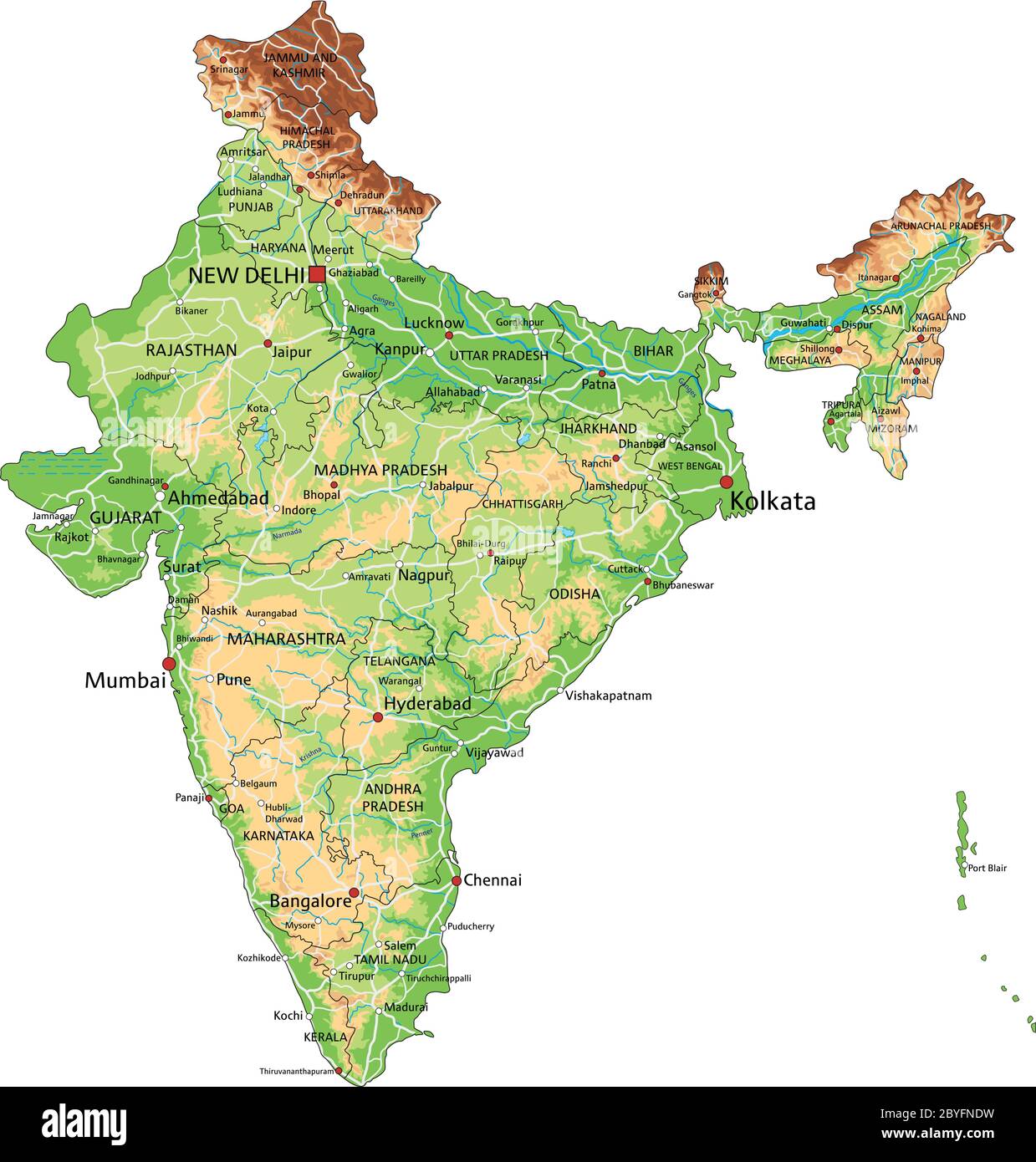 High detailed India physical map with labeling Stock Vector Image ...