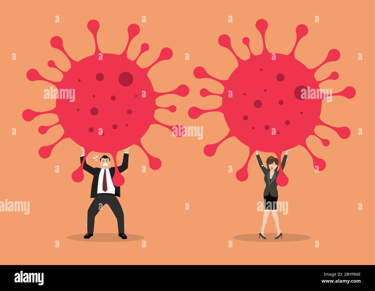 Businessman and woman struggling to carry virus. Covid-19 Coronavirus concept. Vector illustration Stock Vector