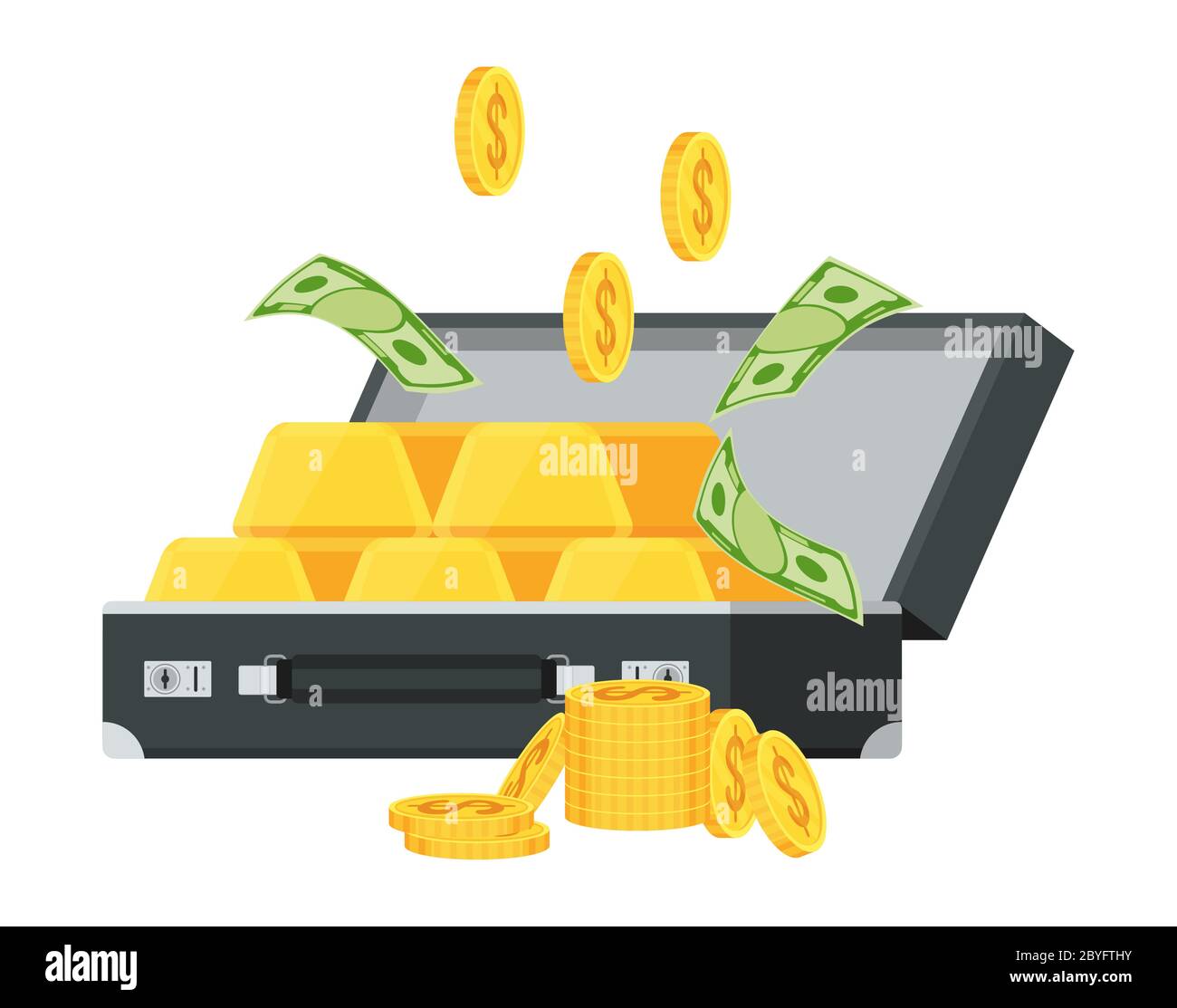 Leather briefcase with gold bars and stacks of gold coins Stock Vector