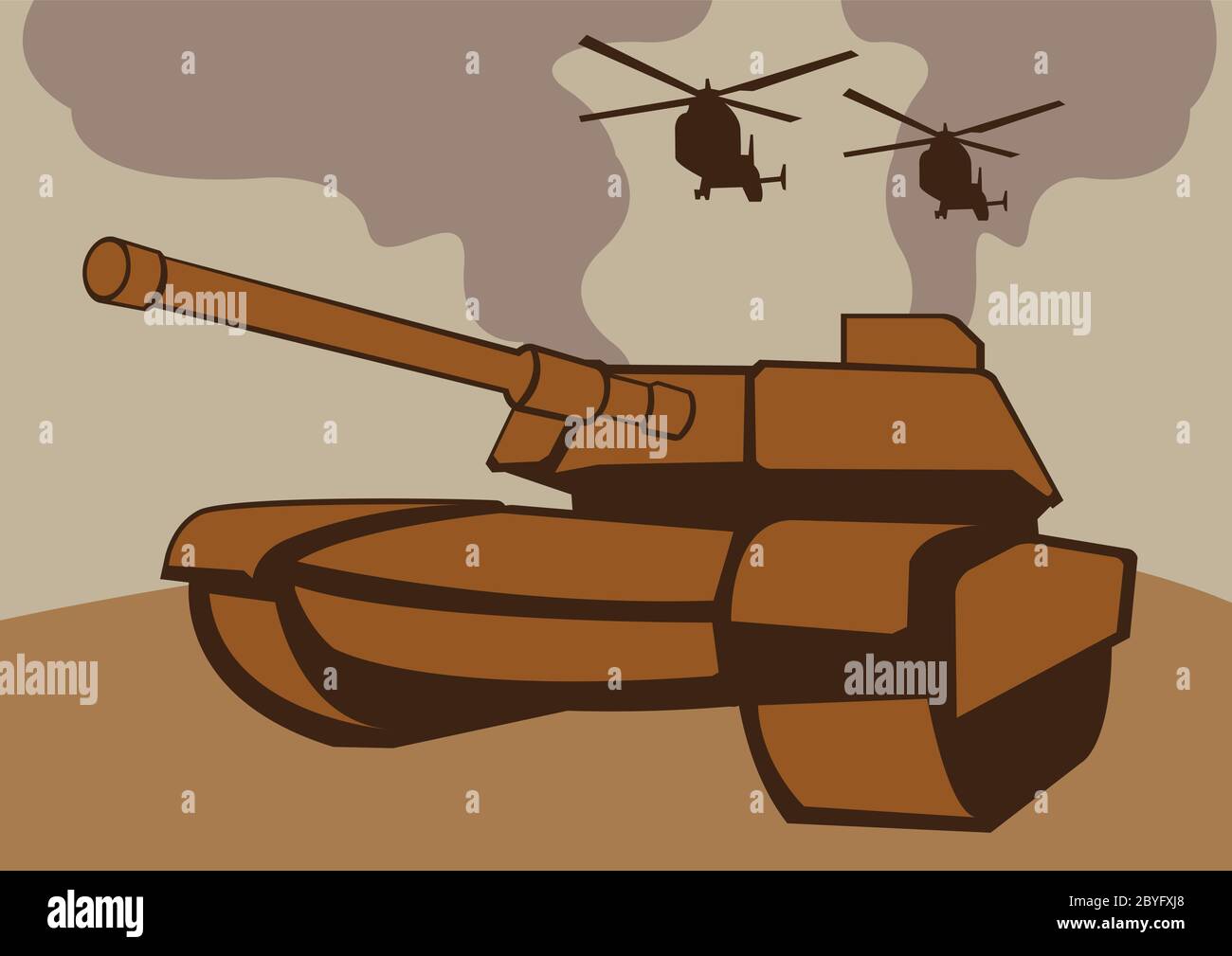 A war scene with tanks and helicopters. Vector illustration. Stock Vector