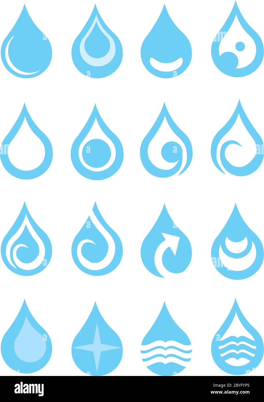 Set of water drops with symbols vector illustration. Set of blue and ...