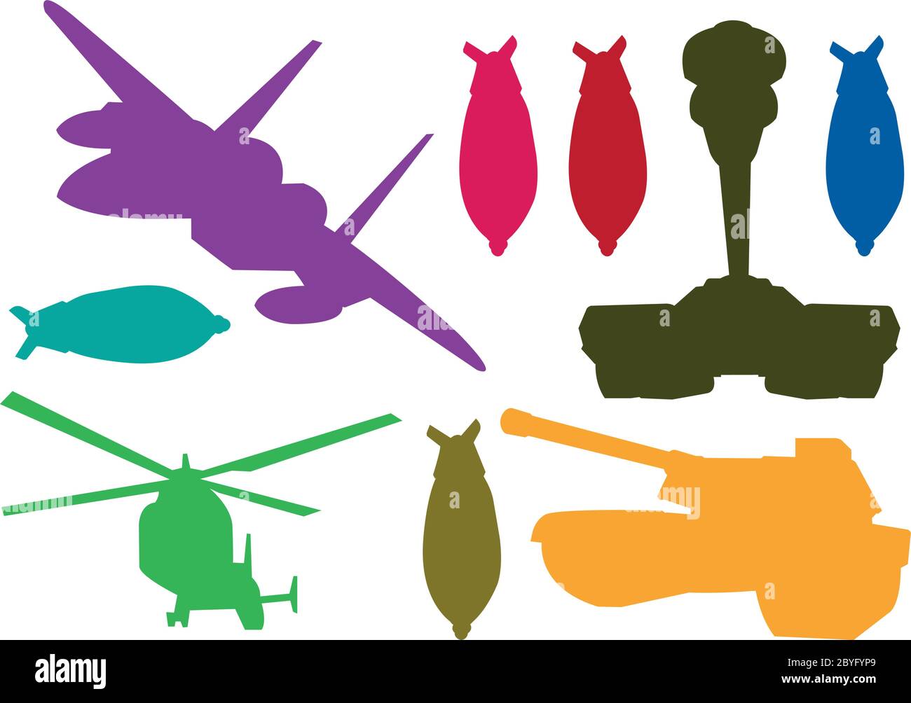 Silhouette vector illustration of war weapons in different colors. Stock Vector
