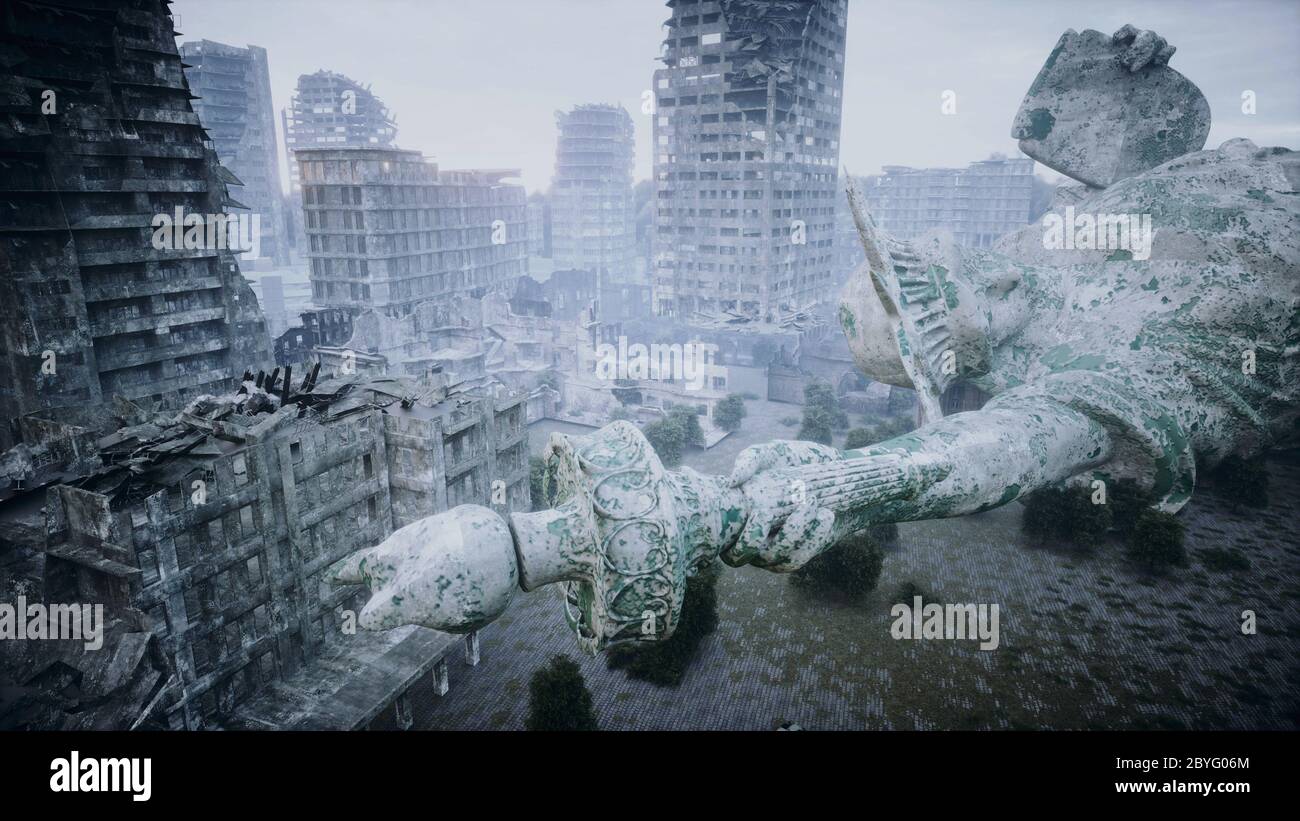 Apocalypse of USA, America. Aerial View of the destroyed city ...