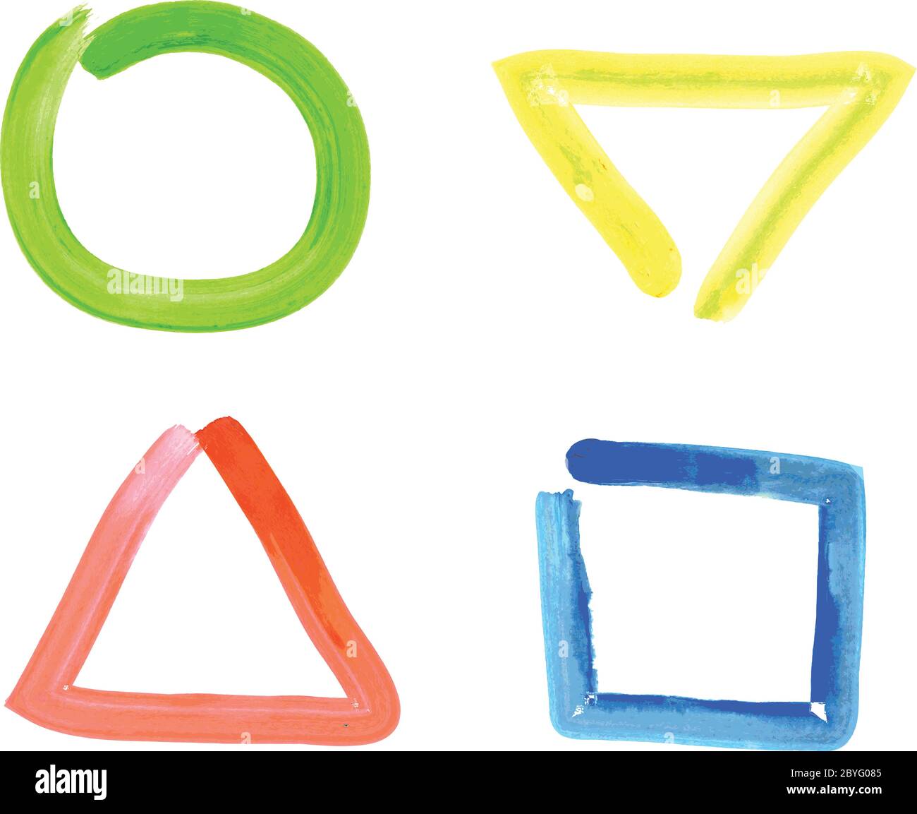 Drawing of four simple shapes, circle, triangle, square and inverted