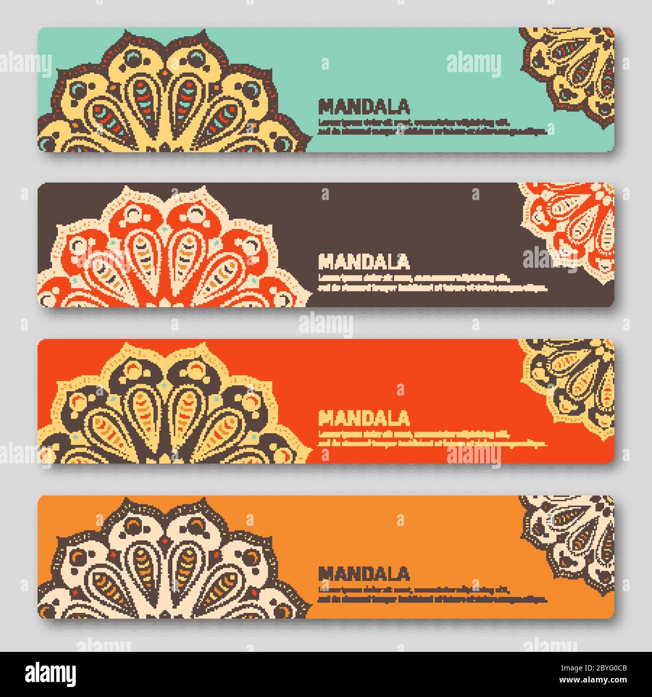 Set of gorizontal cards with hand drawn mandala. Oriental style, Stock Vector