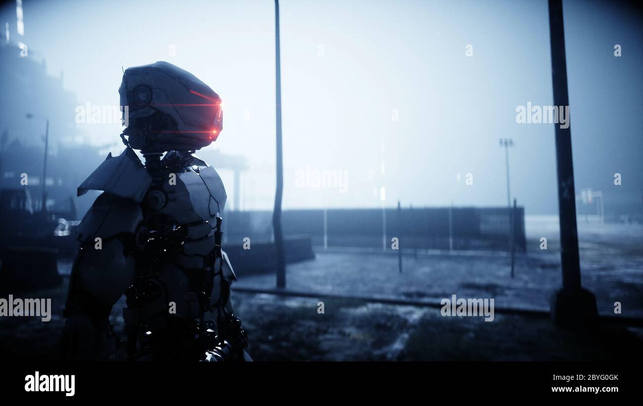 Military robot in destroyed city. Future apocalypse concept. 3d rendering. Stock Photo