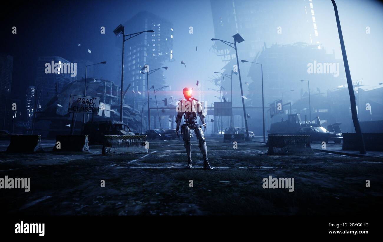 Military robot in destroyed city. Future apocalypse concept. 3d rendering  Stock Photo - Alamy