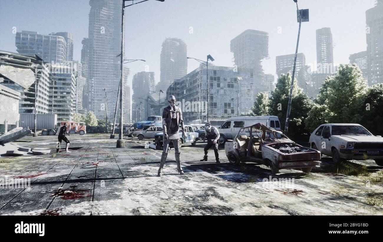 Terrible zombie in destroyed city. Zombie apocalypse concept. 3d