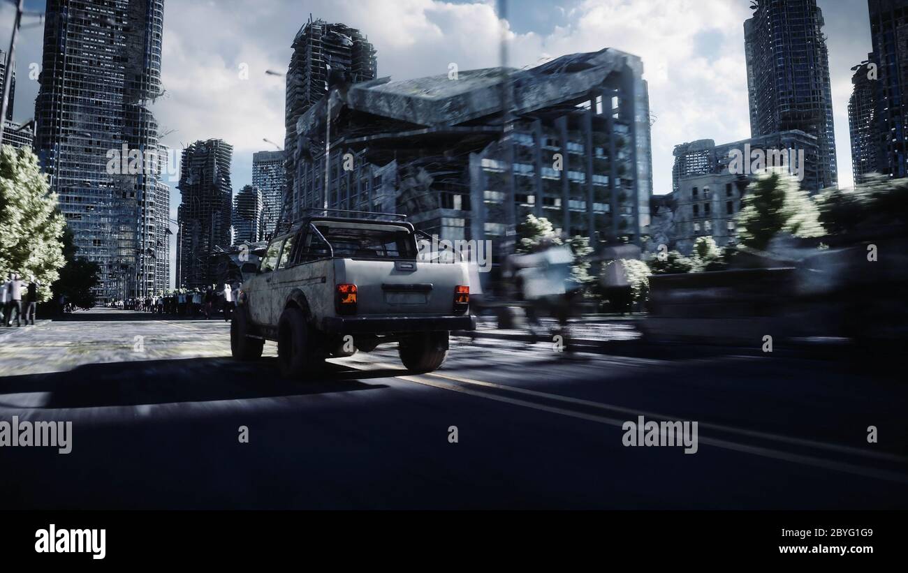 the car goes away from the chase crowd zombies. Destroyed city. Fast driving. Zombie apocalypse concept. 3d rendering. Stock Photo