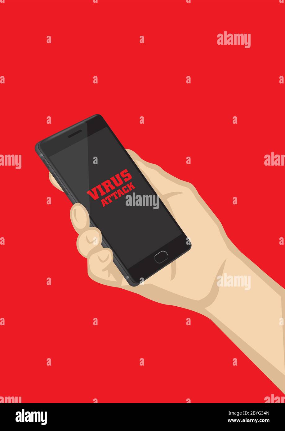 Phone Attacking Hand Hand holding black smart mobile phone with red text virus attack on ...