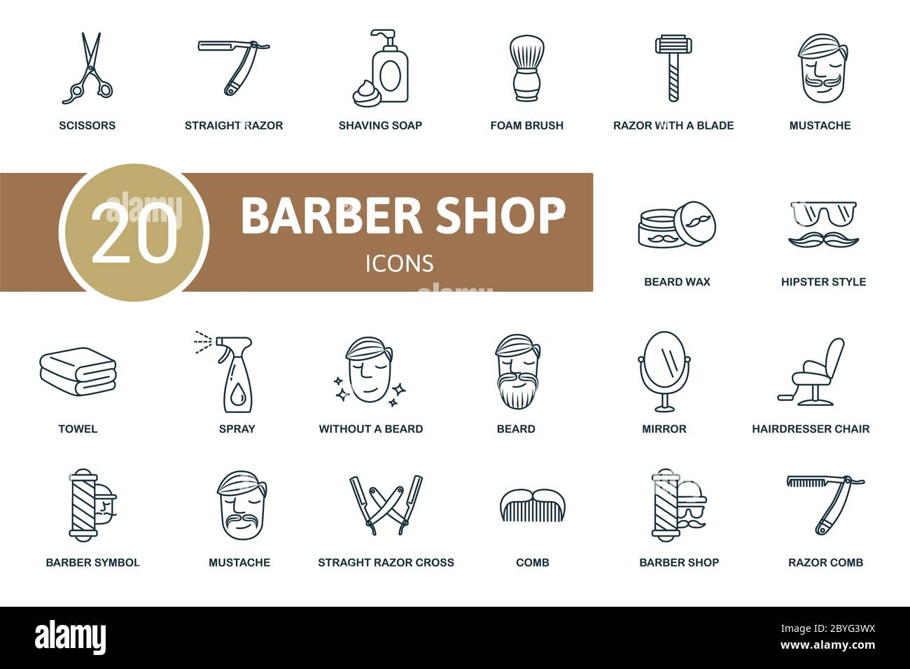 Barber Shop icon set. Collection contain scissors, foam brush, comb and ...