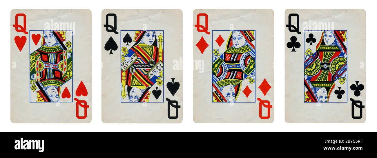 Four Queens Vintage Playing Cards - isolated on white Stock Photo