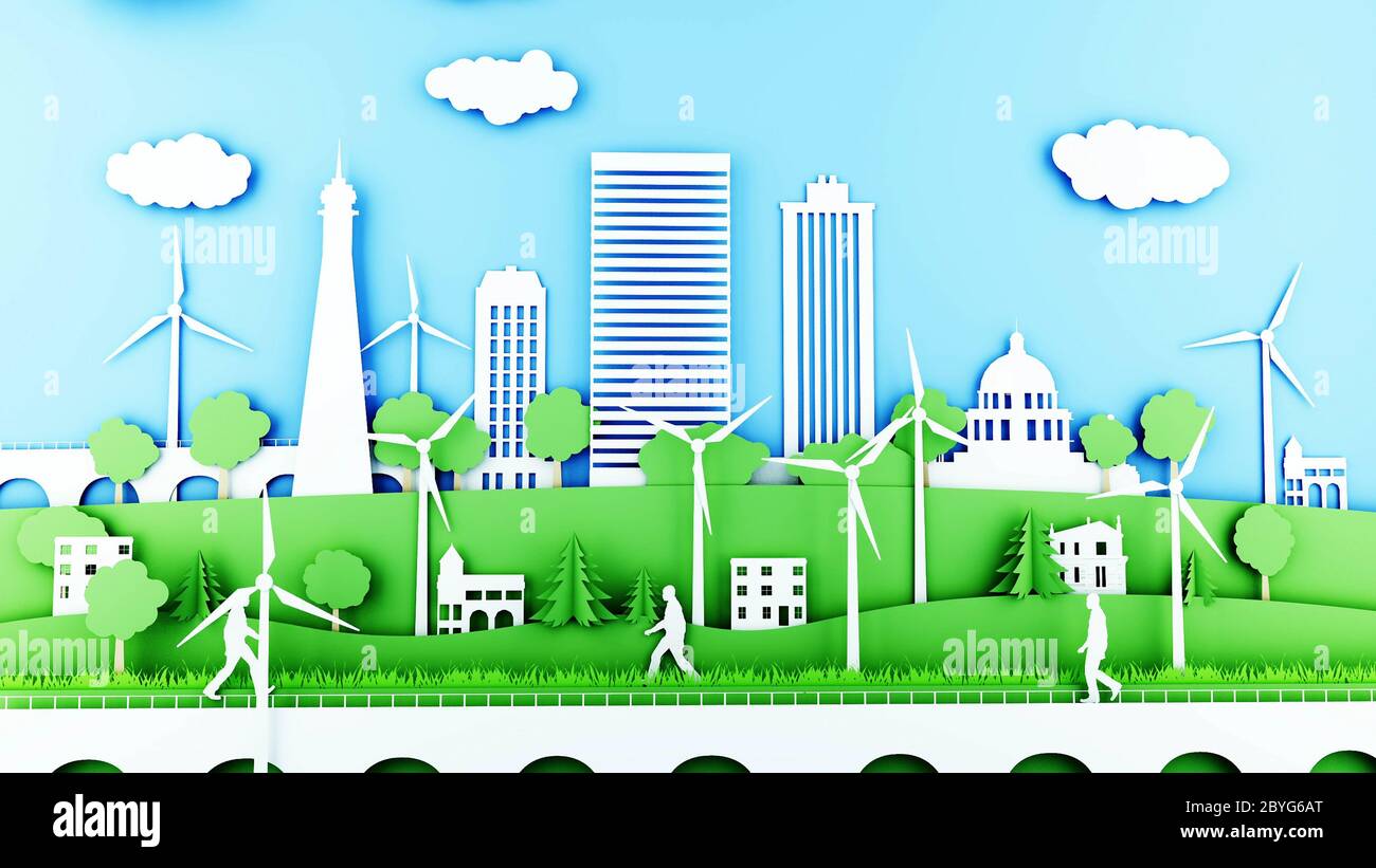 Paper cartoon city with wind power turbines. Ecological concept. 3d  rendering Stock Photo - Alamy