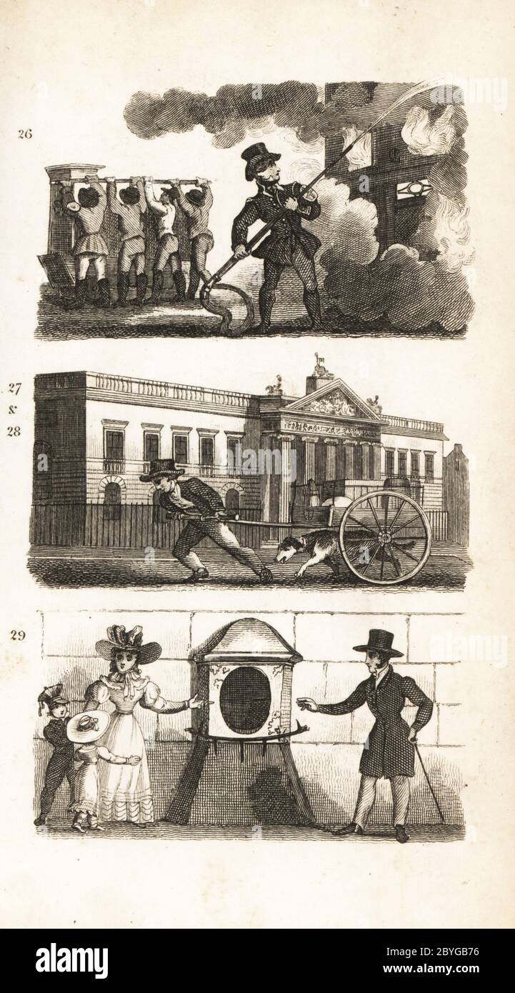 The Fire-Engine, Drawing Goods on a Truck, East India House and London Stone. London fire brigade pumping water on a fire 26, man hauling freight on a dog-drawn cart 27 in front of East India House 28, and the London Stone in Cannon Street erected by the Romans 29. Woodcut engraving after an illustration by Isaac Taylor from City Scenes, or a Peep into London, by Ann Taylor and Jane Taylor, published by Harvey and Darton, Gracechurch Street, London, 1828. English sisters Ann and Jane Taylor were prolific Romantic poets and writers of children’s books in the early 19th century. Stock Photo