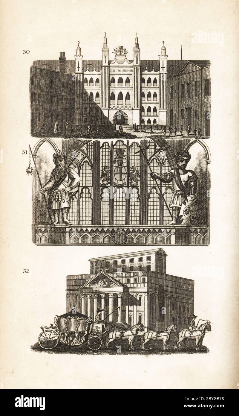 London Guildhall, Gog and Magog and the Mansion House. View of the Guildhall in Moorgate 30, statues of the mythological giant Gogmagog and Corineus 31, and Lord Mayor’s coach drawn by six horses in front of the Chief Magistrate’s House 32. Woodcut engraving after an illustration by Isaac Taylor from City Scenes, or a Peep into London, by Ann Taylor and Jane Taylor, published by Harvey and Darton, Gracechurch Street, London, 1828. English sisters Ann and Jane Taylor were prolific Romantic poets and writers of children’s books in the early 19th century. Stock Photo