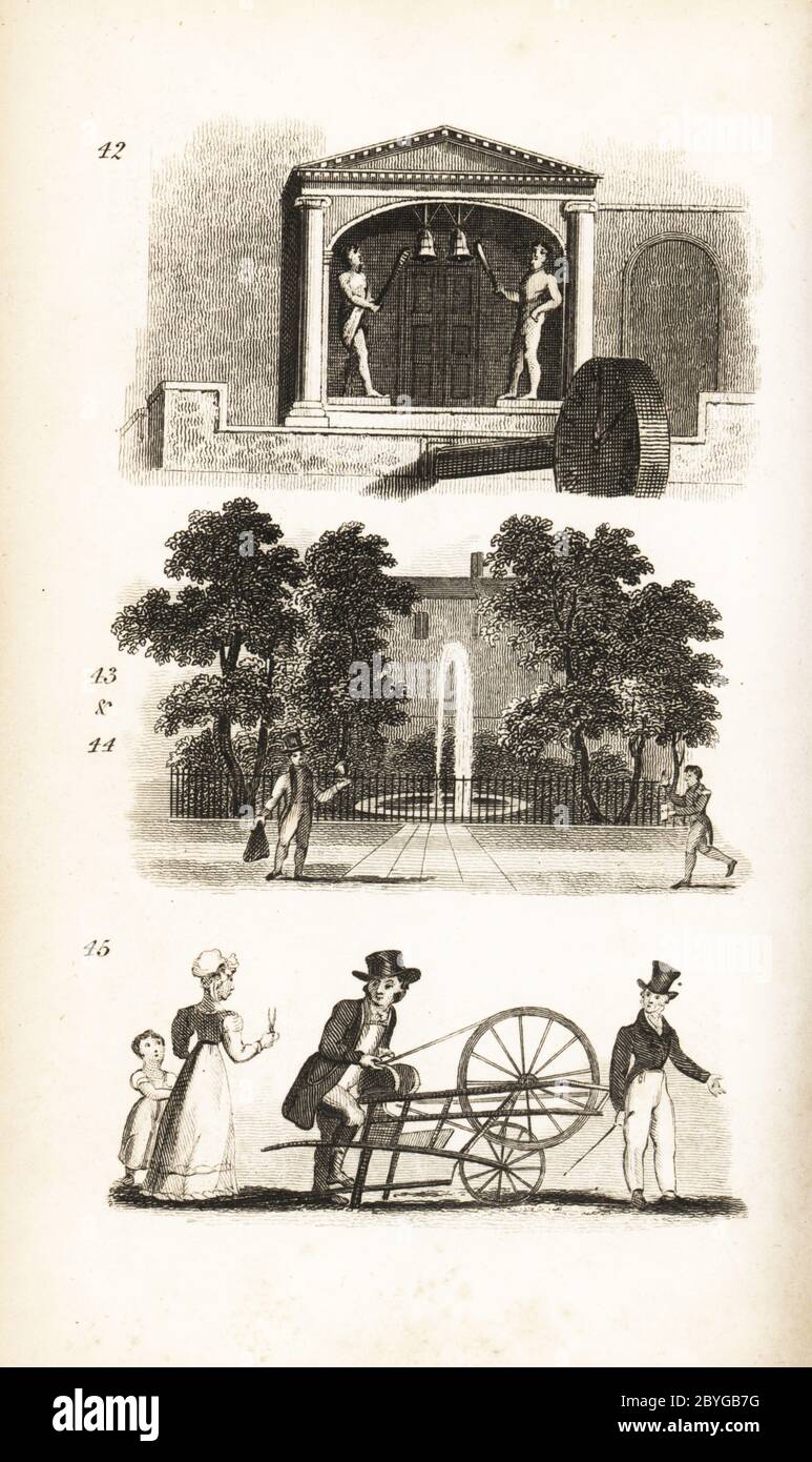 St Dunstan’s Church, Postman, Letter Carrier and Knife-Grinder. Clock with figures striking bells at St Dunstan’s Church in Fleet Street 42, Letter Carrier from a law office 43 running to meet the Postman 42 at the Temple 44, and maid bringing a pair of scissors to the Knife-Grinder 45 to sharpen. Woodcut engraving after an illustration by Isaac Taylor from City Scenes, or a Peep into London, by Ann Taylor and Jane Taylor, published by Harvey and Darton, Gracechurch Street, London, 1828. English sisters Ann and Jane Taylor were prolific Romantic poets and writers of children’s books in the ear Stock Photo