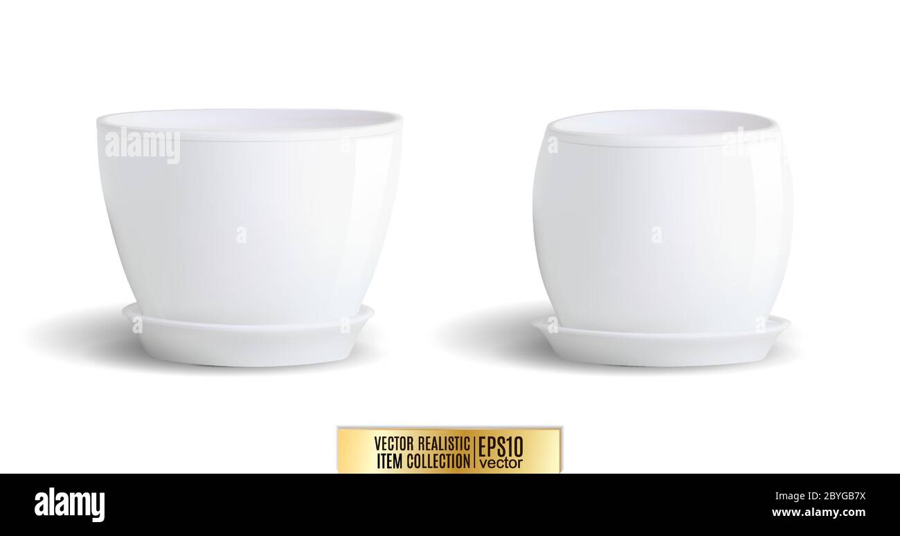 Vector set of realistic isolated white flower pot on white background ...