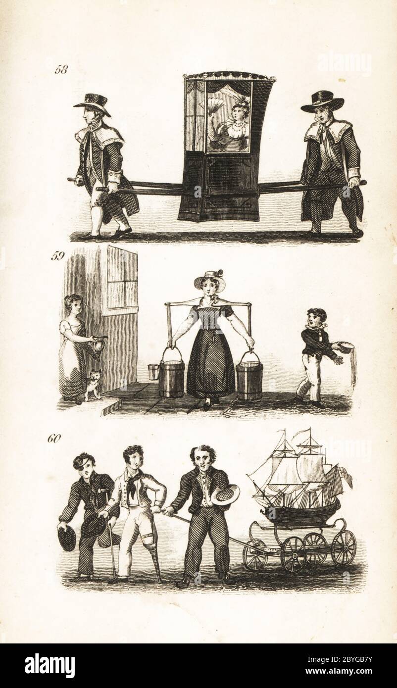 The Sedan Chair, the Milkmaid and the Sailors and Ship. Woman riding in an old-fashioned sedan chair 58, Betty the milkmaid with pales of milk on a yoke selling fresh milk door to door 59 and Tom Hazard and other disabled sailors begging with a model ship 60. Woodcut engraving after an illustration by Isaac Taylor from City Scenes, or a Peep into London, by Ann Taylor and Jane Taylor, published by Harvey and Darton, Gracechurch Street, London, 1828. English sisters Ann and Jane Taylor were prolific Romantic poets and writers of children’s books in the early 19th century. Stock Photo