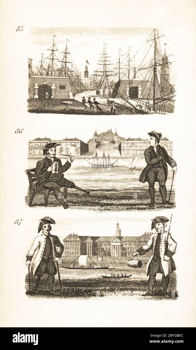 London Docks, Greenwich Hospital and Chelsea Hospital. Entrance to the new London docks opened in 1805 in Wapping 85, disabled Navy pensioners at Greenwich Hospital 86, and veteran Army pensioners at Chelsea Hospital 87. Woodcut engraving after an illustration by Isaac Taylor from City Scenes, or a Peep into London, by Ann Taylor and Jane Taylor, published by Harvey and Darton, Gracechurch Street, London, 1828. English sisters Ann and Jane Taylor were prolific Romantic poets and writers of children’s books in the early 19th century. Stock Photo