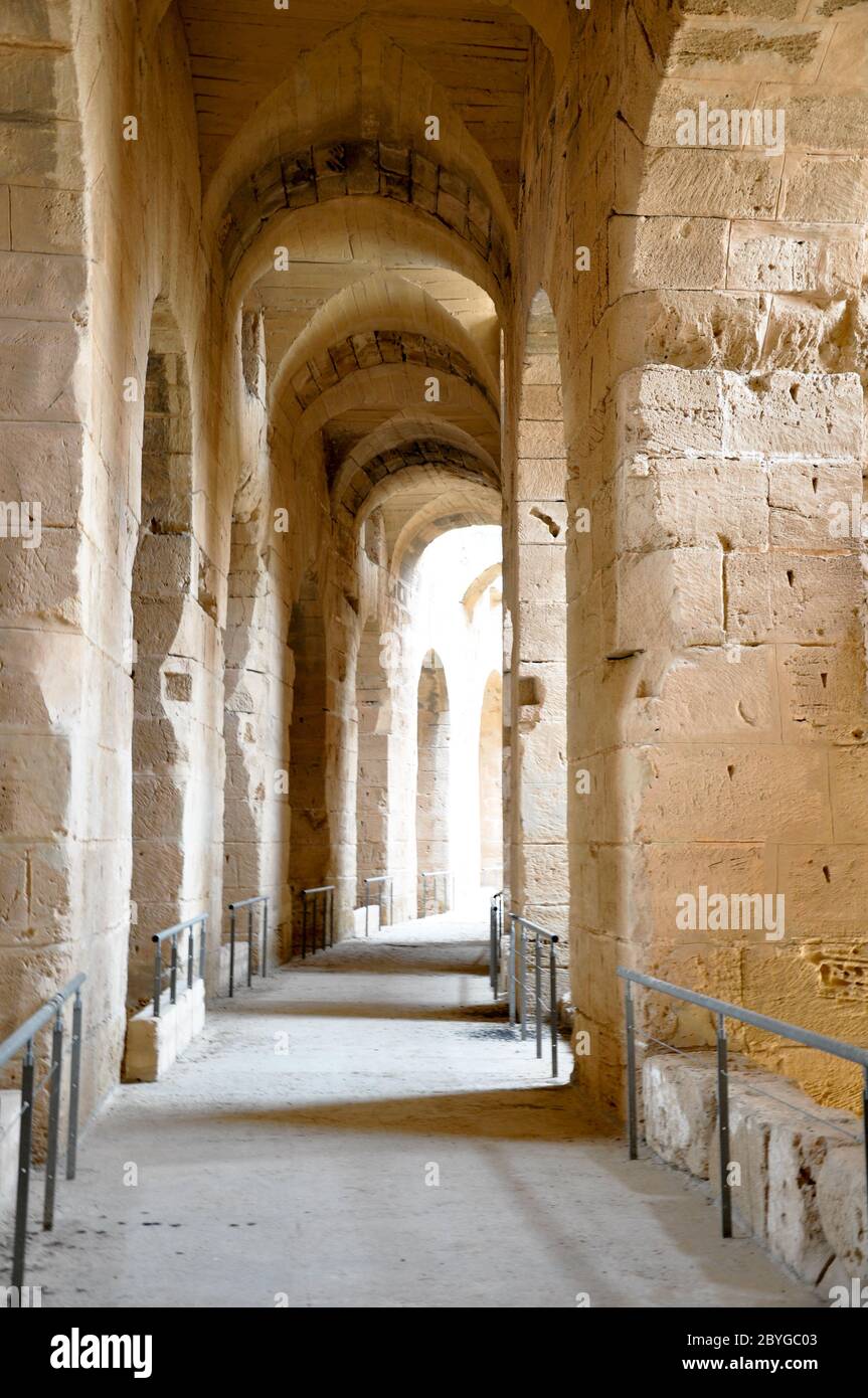 EL DJEM, TUNISIA - February 03, 2009: Photo of arena of the ancient Roman El Jem amphitheater. Stock Photo