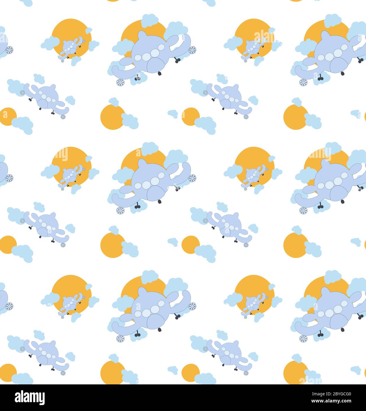 Cartoon plane seamless baby pattern with sun and clouds. Light color background. Vector illustration. Stock Vector