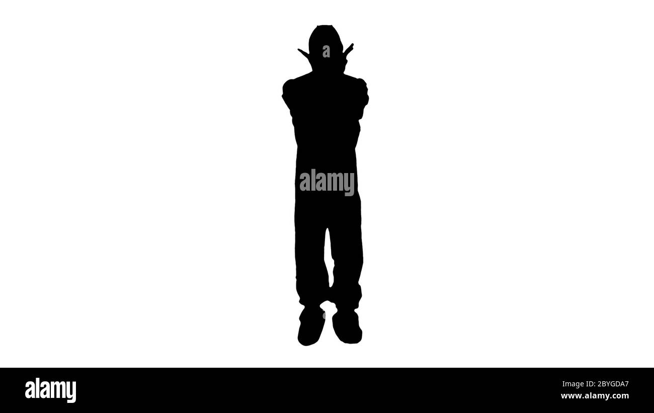 Silhouette Man wearing protective mask and hazmat suit crossing hands and showing stop gesture. Stock Photo