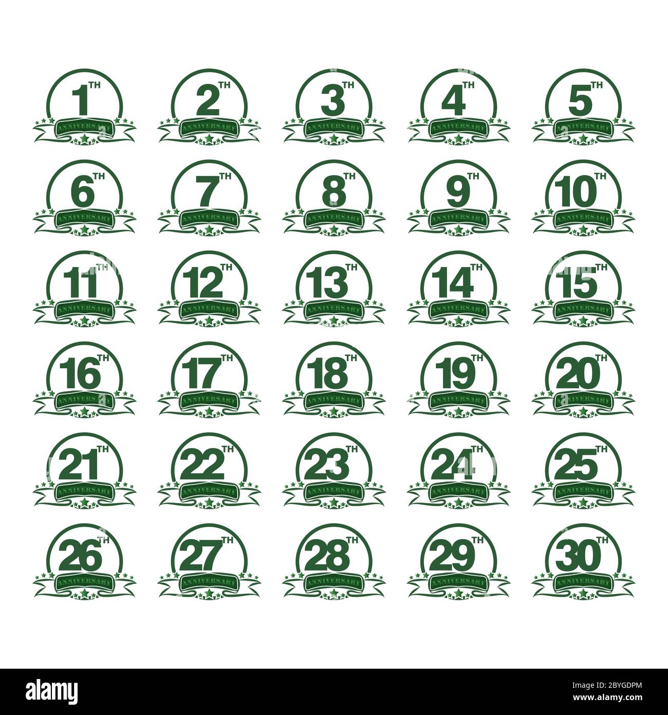 Set of anniversary pictogram icon. Flat design. 1, 2, 3, 4, 5, 6, 7, 8, 9,10, years birthday logo label, green army color stamp. Vector illustration. Stock Vector