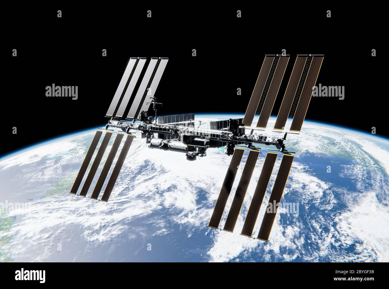 International Space Station (ISS) in Space - SpaceX & NASA Research - 3D Model by NASA - 3D Rendering Stock Photo