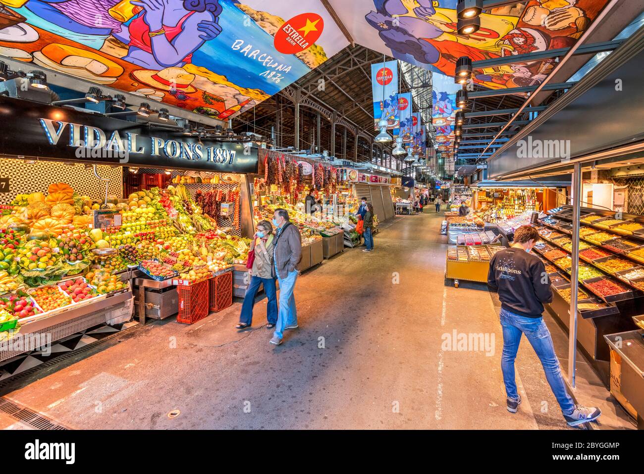 Boqueria food market without tourists during the covid 19 pandemic, Barcelona, Catalonia, Spain Stock Photo