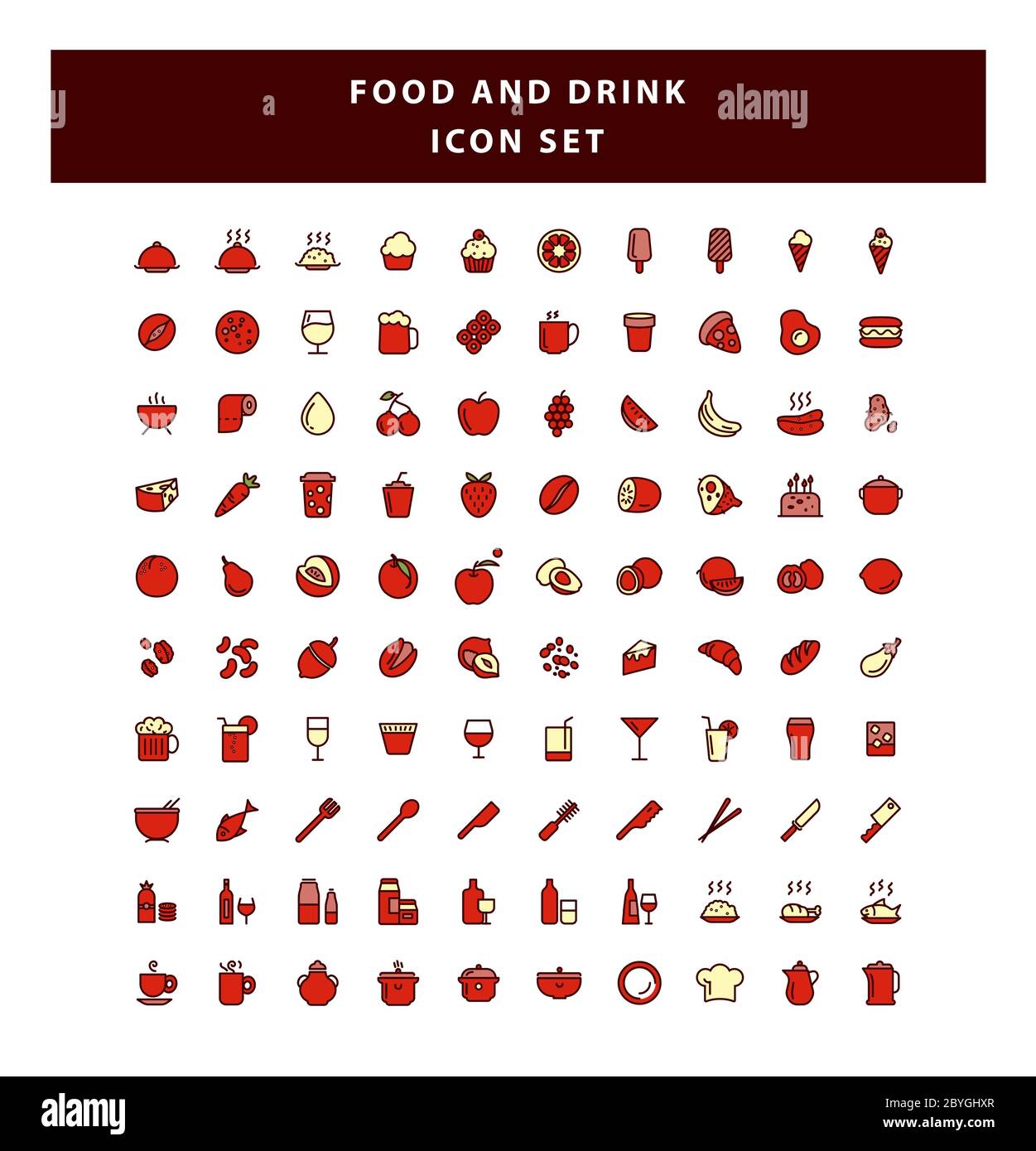 Set of food and drink icon with filled outline style design vector Stock Vector