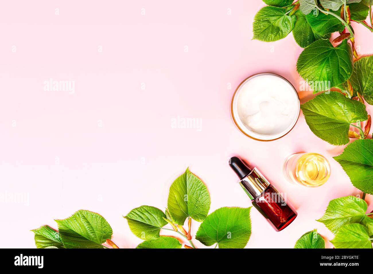 Skin care products, natural cosmetic. Flat lay image on pink background.  Natural cosmetic skincare bottle, serum and organic green leaf. Homemade  and beauty product concept Stock Photo - Alamy