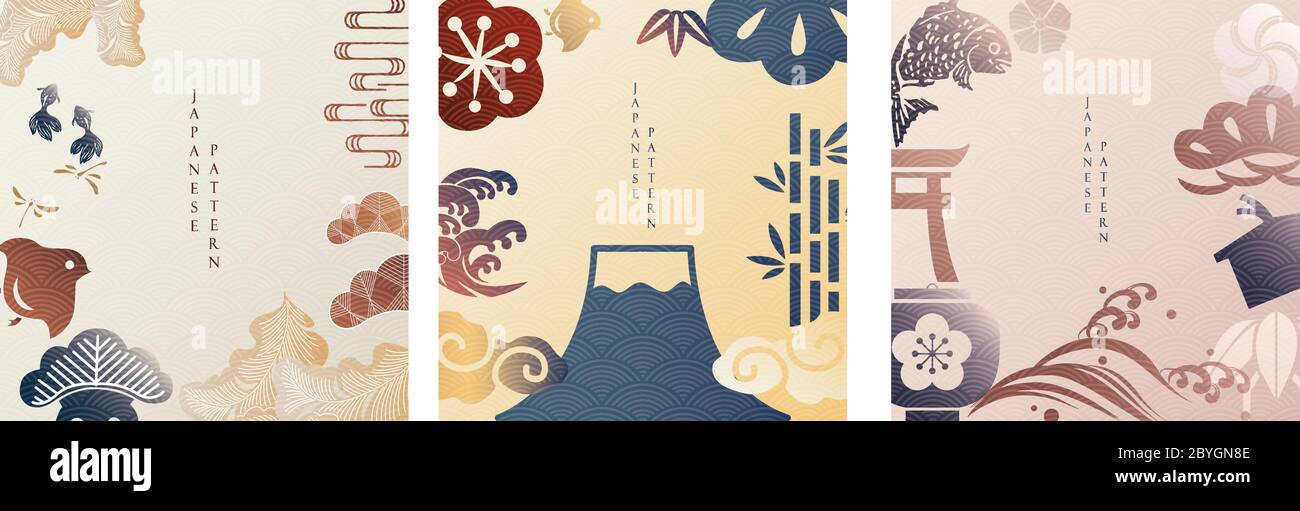 Japanese background and icon vector. Oriental template in vintage style. Fuji mountain, bonsai, wave, birds, wave, gate and cherry blossom elements. Stock Vector